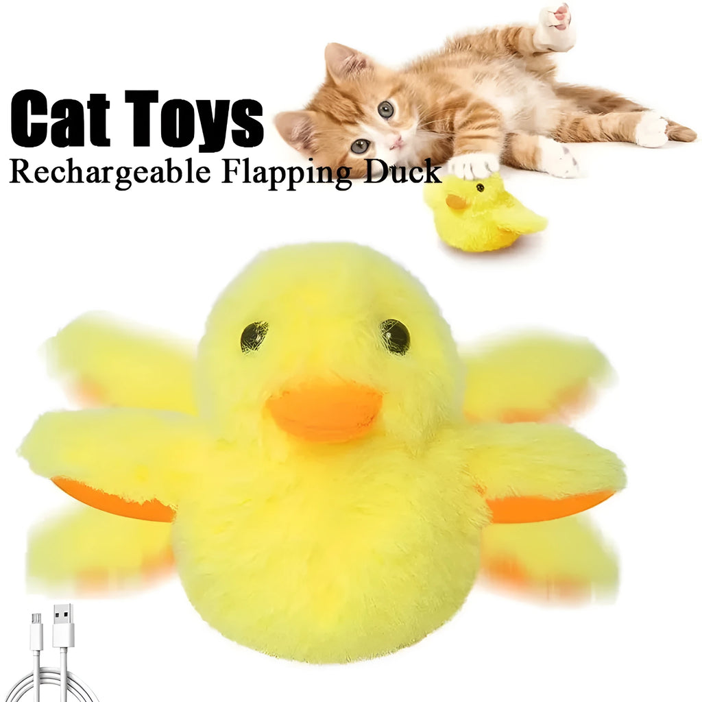 Yellow flapping duck cat toy with plush material and USB charging cable