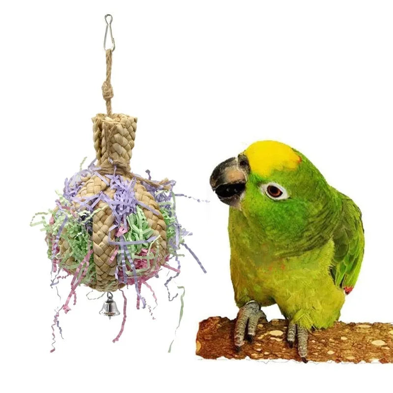 Straw paper parrot chew toy with rope, approximately 15cm diameter and 23cm length, bite resistant