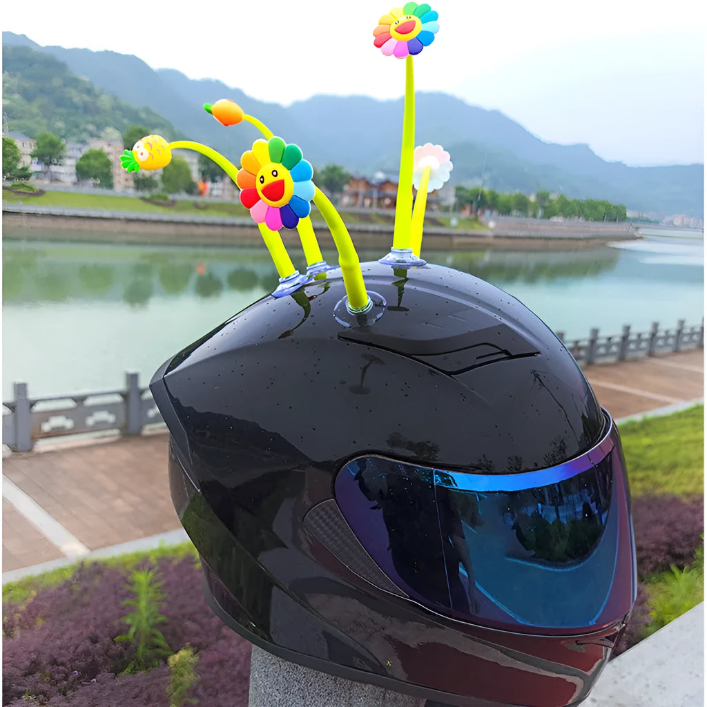 Yellow silicone swinging sunflower helmet decoration with suction cup base for motorcycle
