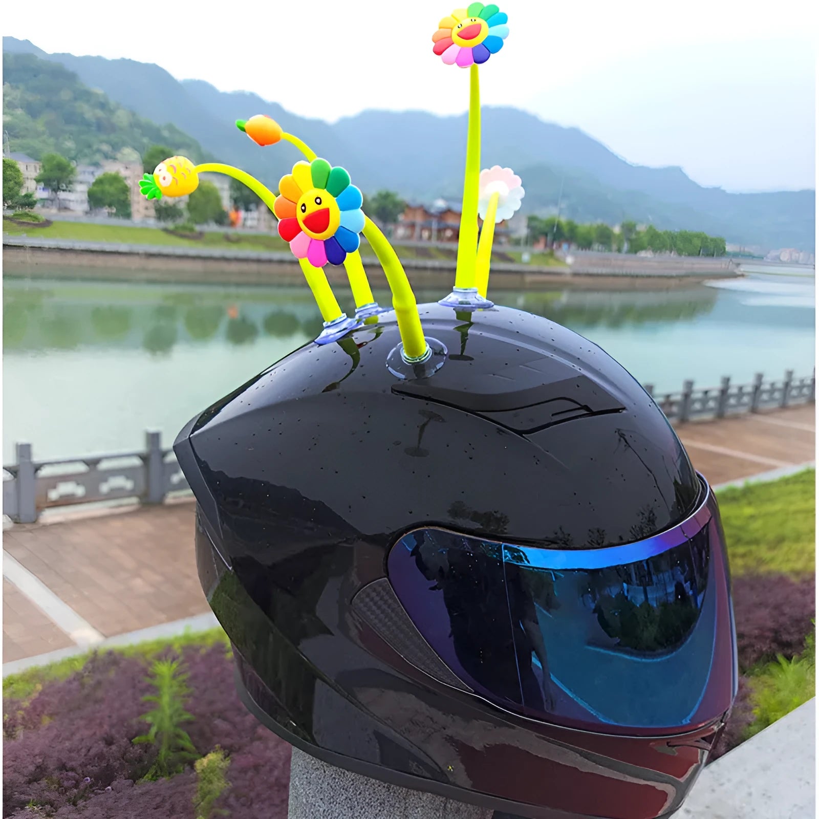 Yellow silicone swinging sunflower helmet decoration with suction cup base for motorcycle
