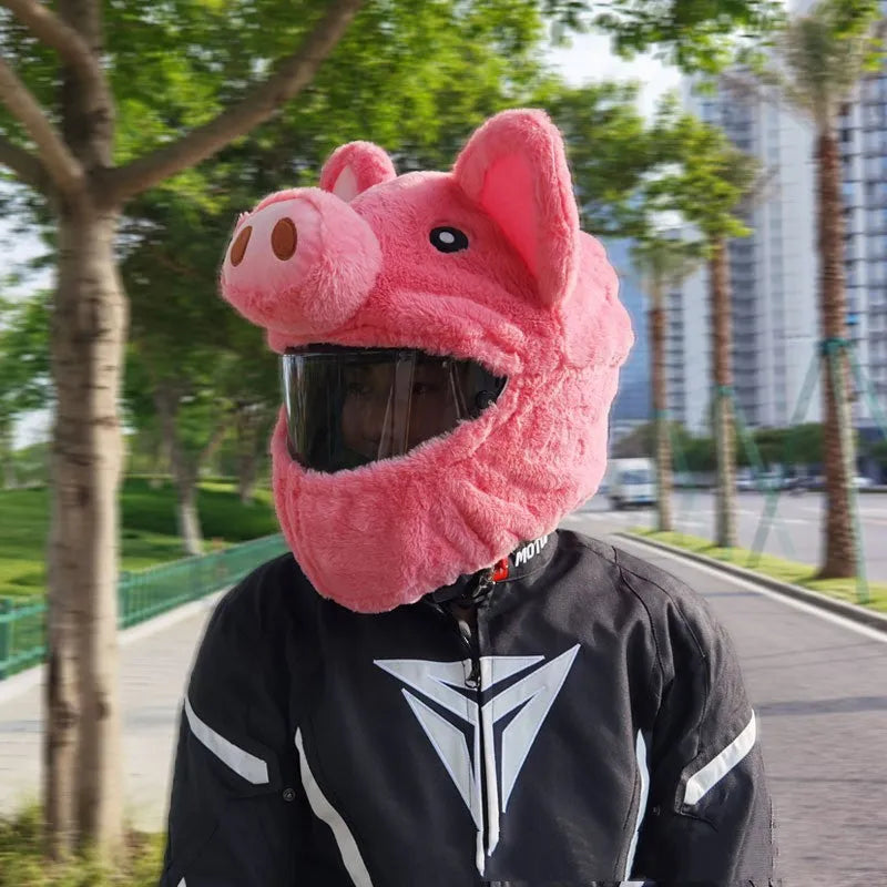 Pink cartoon pig design plush protective hood for motorcycle helmets