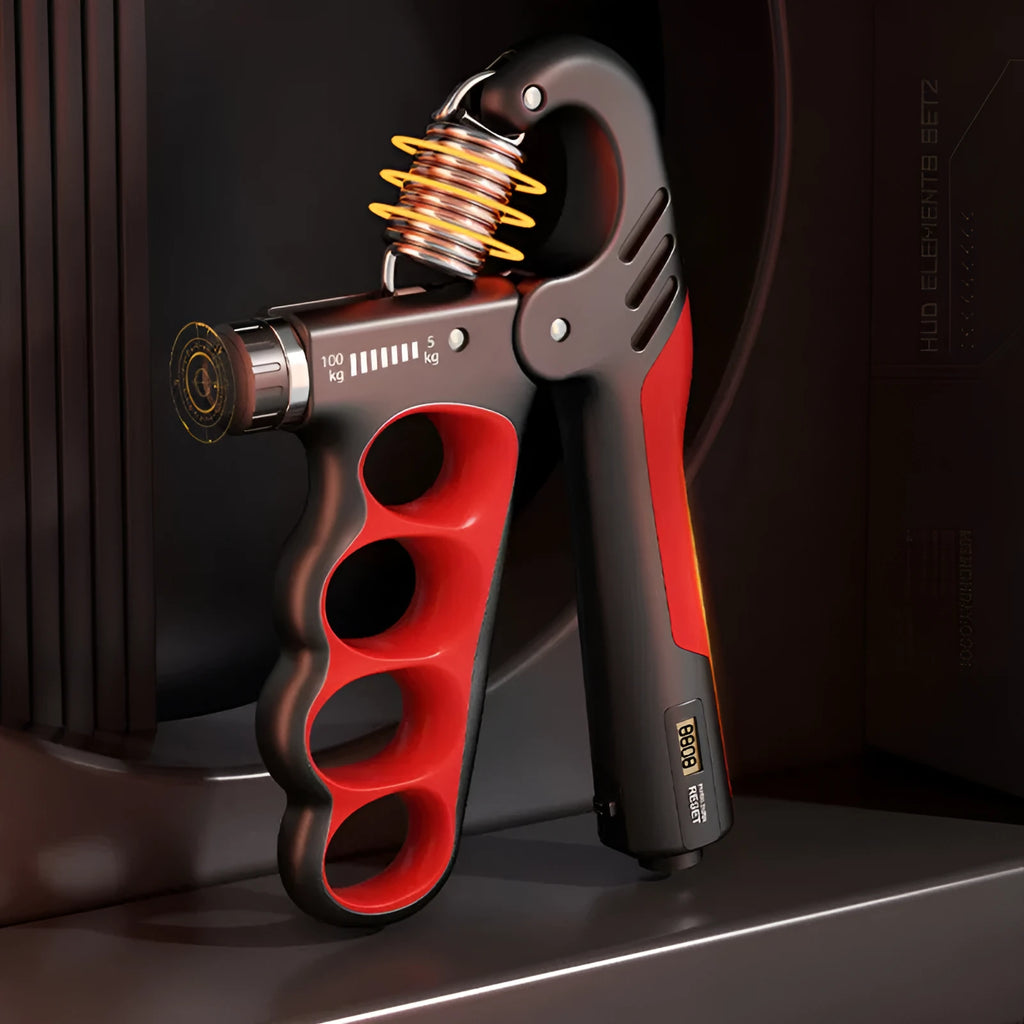 Spring grip hand strengthener with electronic counter display in orange, red, and grey colour options