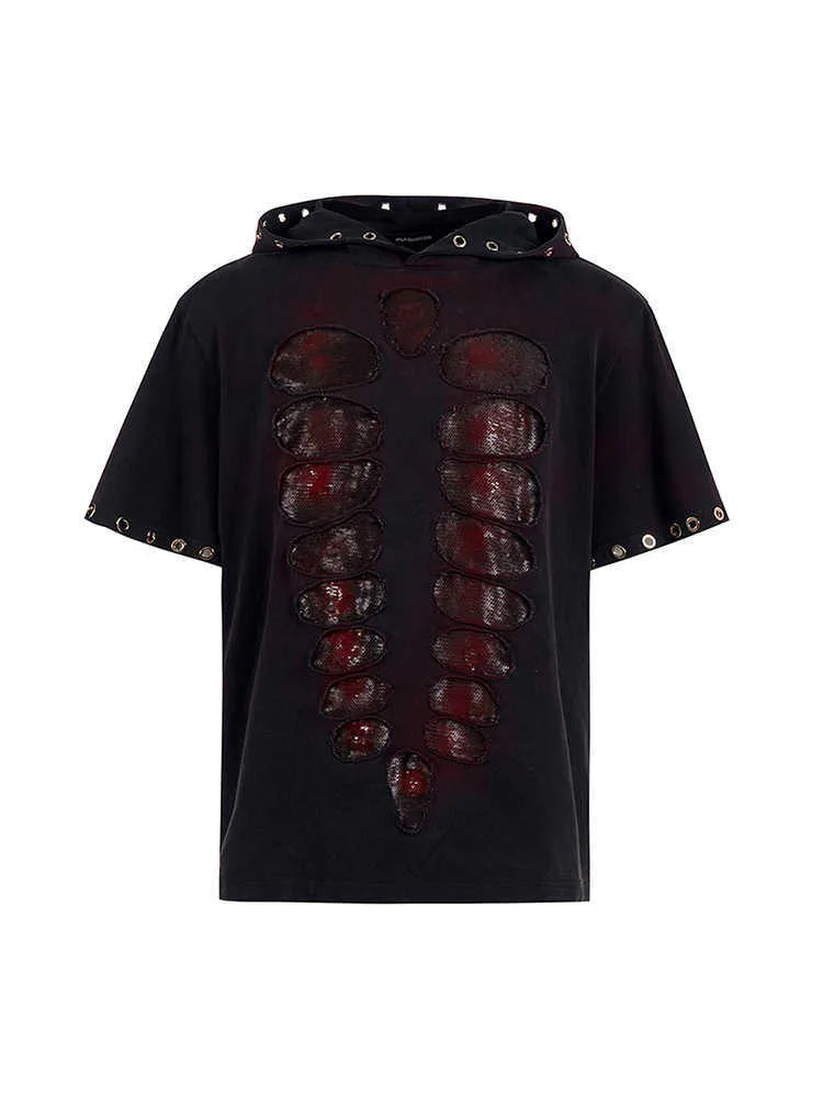 Black men's hooded short-sleeve t-shirt with sequin details, shown in a loose fit.