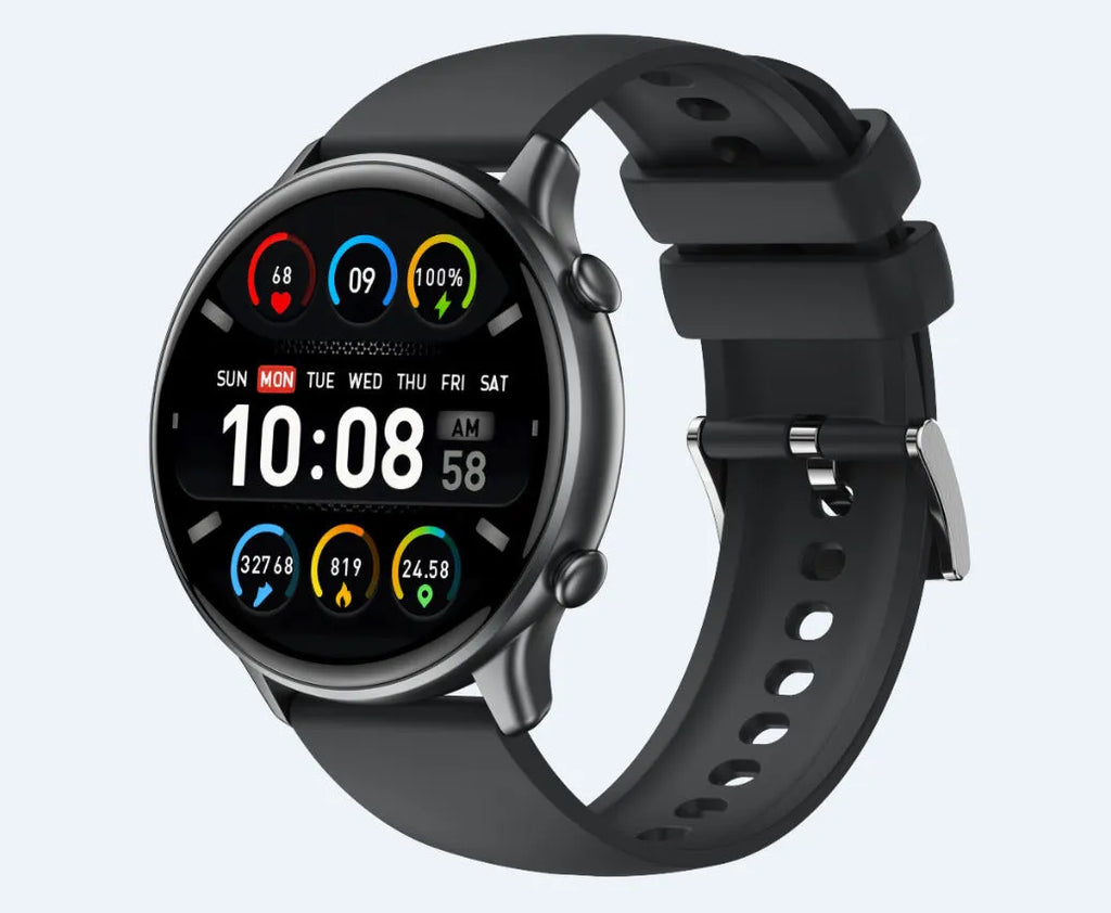 Round touch screen smart sports watch with silicone strap showing heart rate monitoring display.