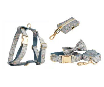 Blue floral polyester cotton dog collar with matching leash, bow tie, vest and poop bag holder set