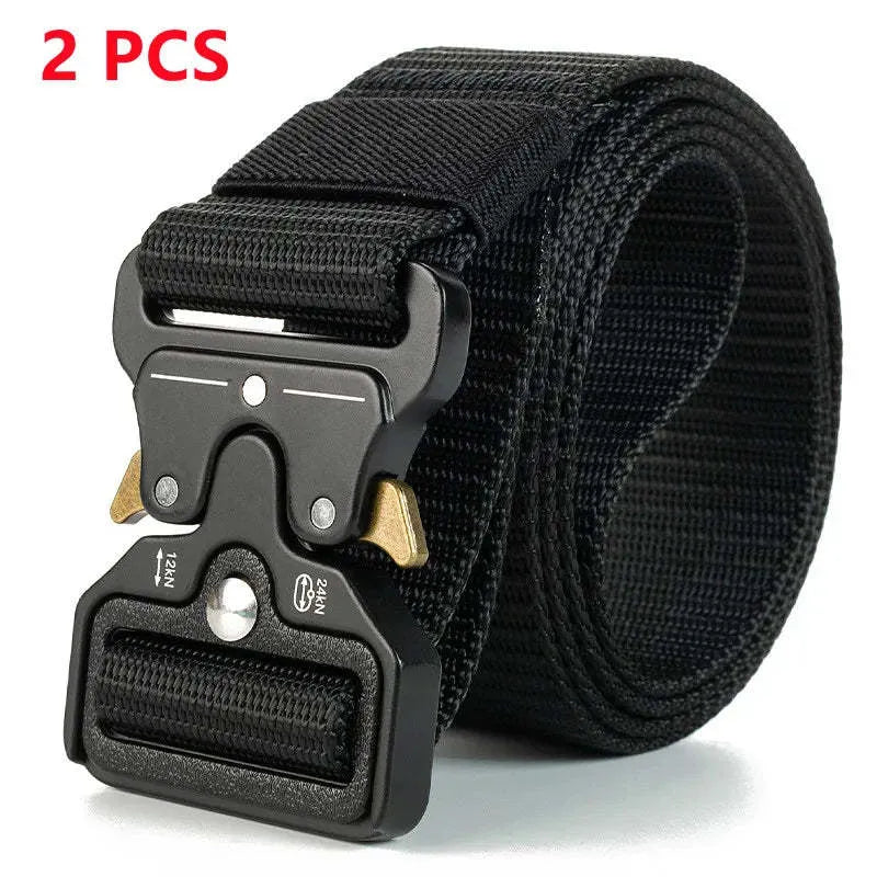 Men's thick canvas tactical belt with alloy release buckle shown in multiple colour options