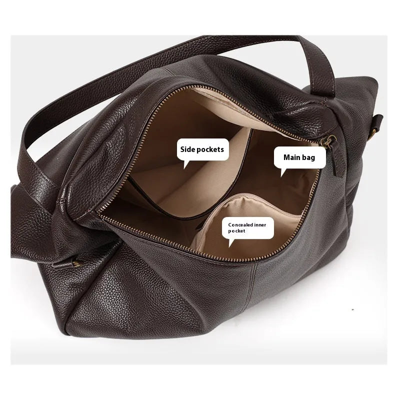 Brown genuine leather women's shoulder bag with horizontal square shape and internal zipper compartment