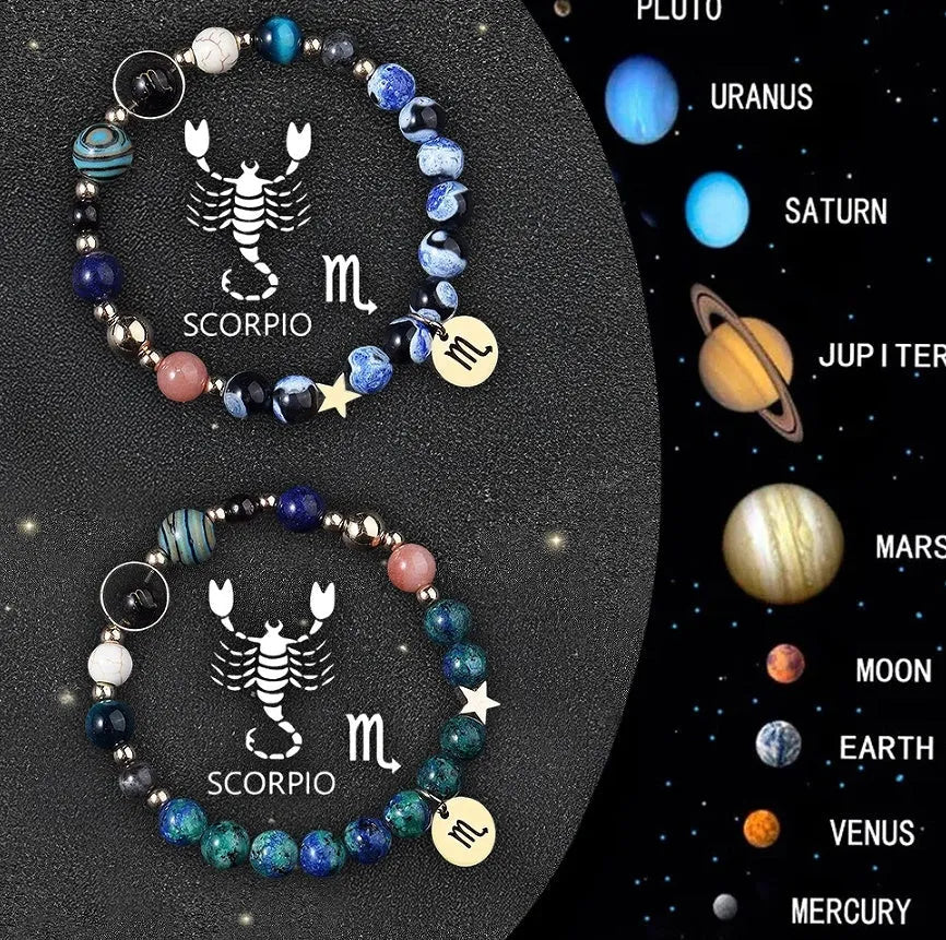 Two natural stone beaded bracelets featuring zodiac signs for astrology gifts