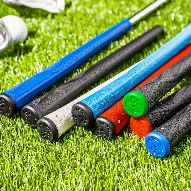 TPE material golf club grip shown in various colour options including pink, red, blue, and two-tone black.