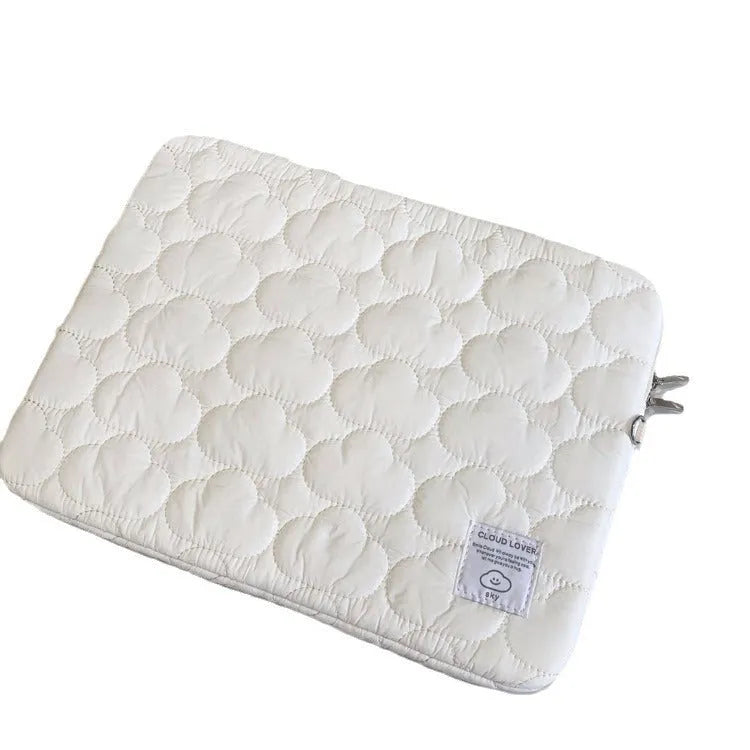 Cotton laptop sleeve with cloud embroidery in white or blue for 11 inch, 13-14 inch, and 15-15.6 inch devices.