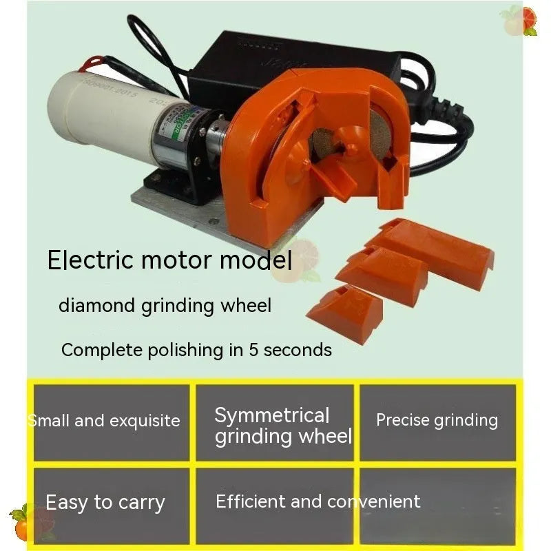 Portable handheld grinding tool with orange and black grinding wheel sets on workbench