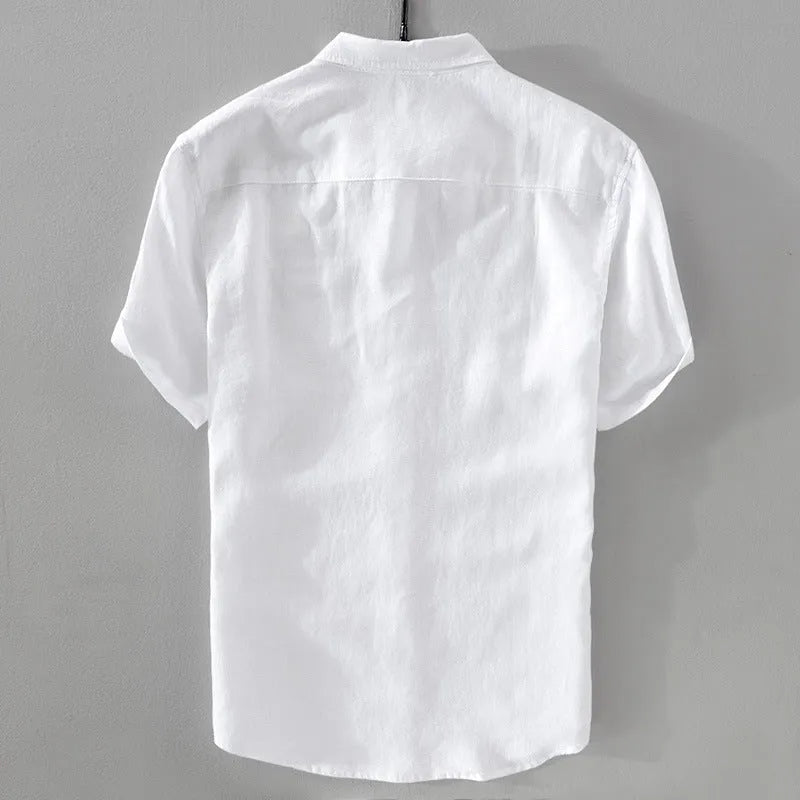 Men's loose fit short sleeve shirt in a cotton linen blend, shown in a solid colour.