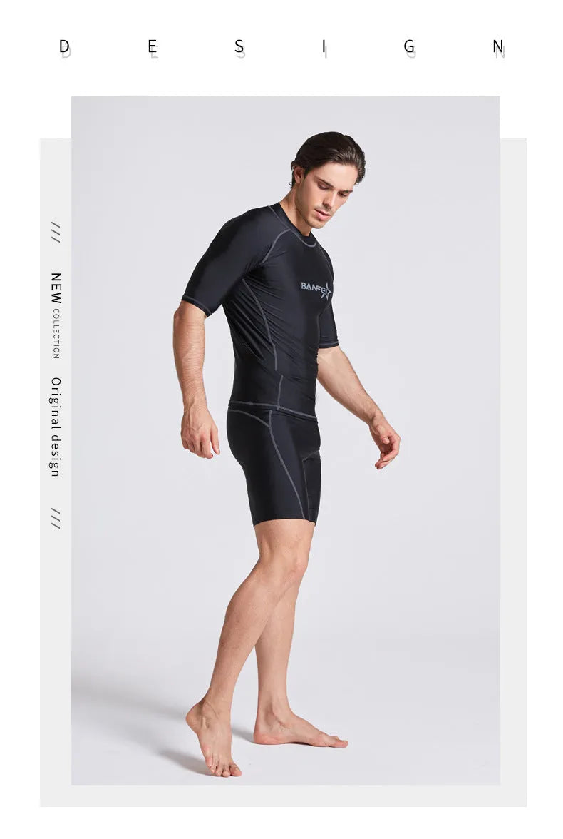 Men's quick-drying half sleeve swimsuit set for snorkeling and surfing in nylon fabric