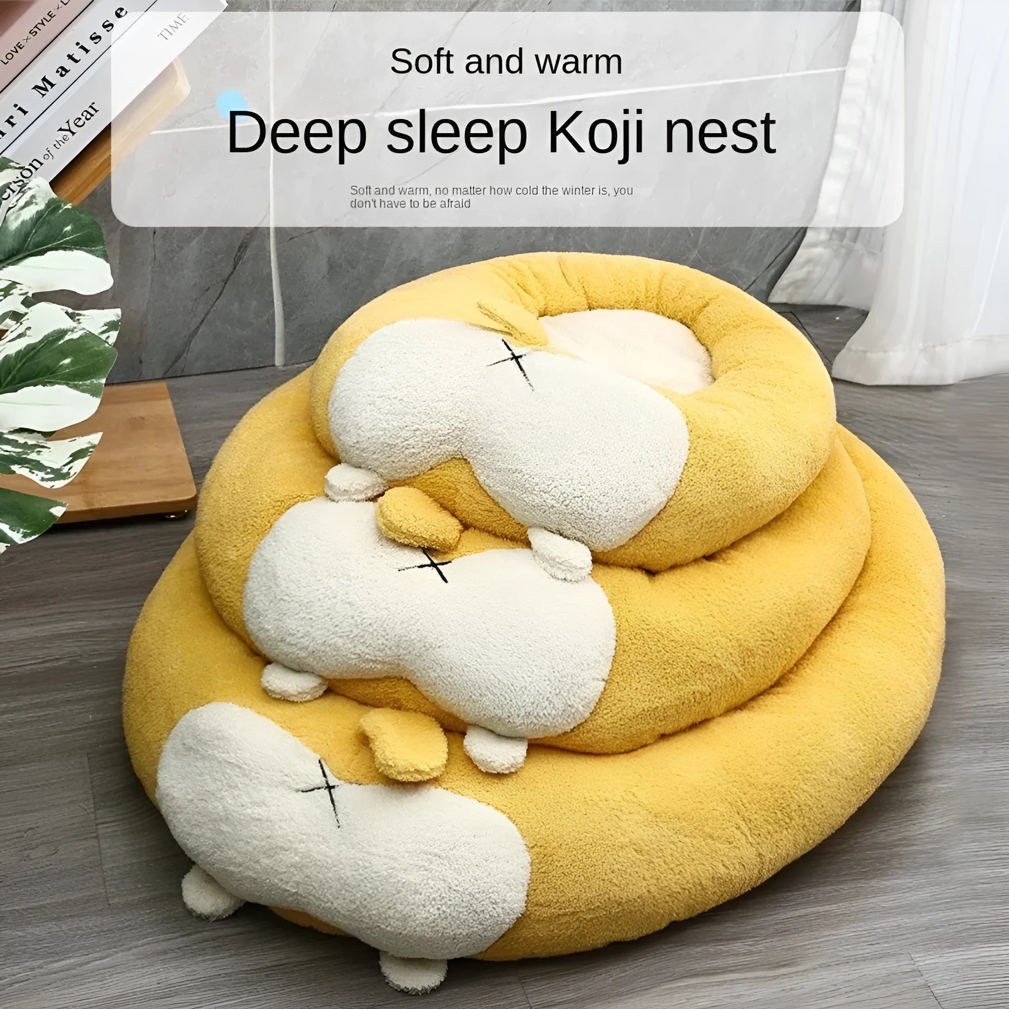 Brown and white corgi-shaped plush dog bed on a wooden floor.