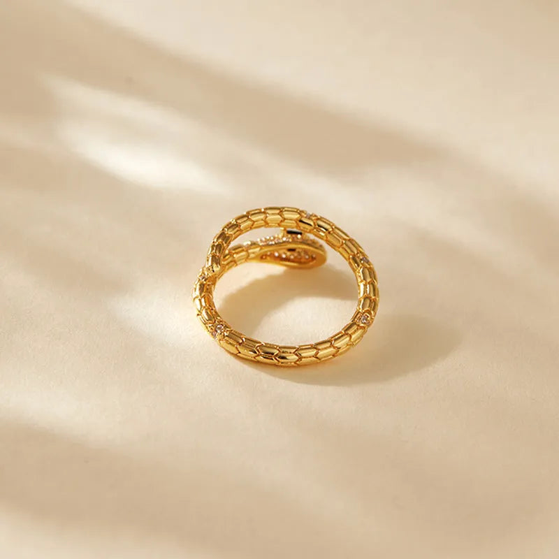 Adjustable snake-shaped copper ring with diamond treatment and 18K gold plating for index finger