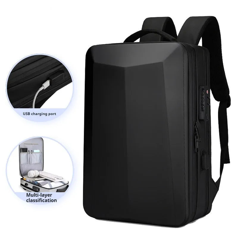Black waterproof business backpack for 17-inch laptop with curved shoulder straps on a grey background.