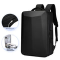 Black waterproof business backpack for 17-inch laptop with curved shoulder straps on a grey background.