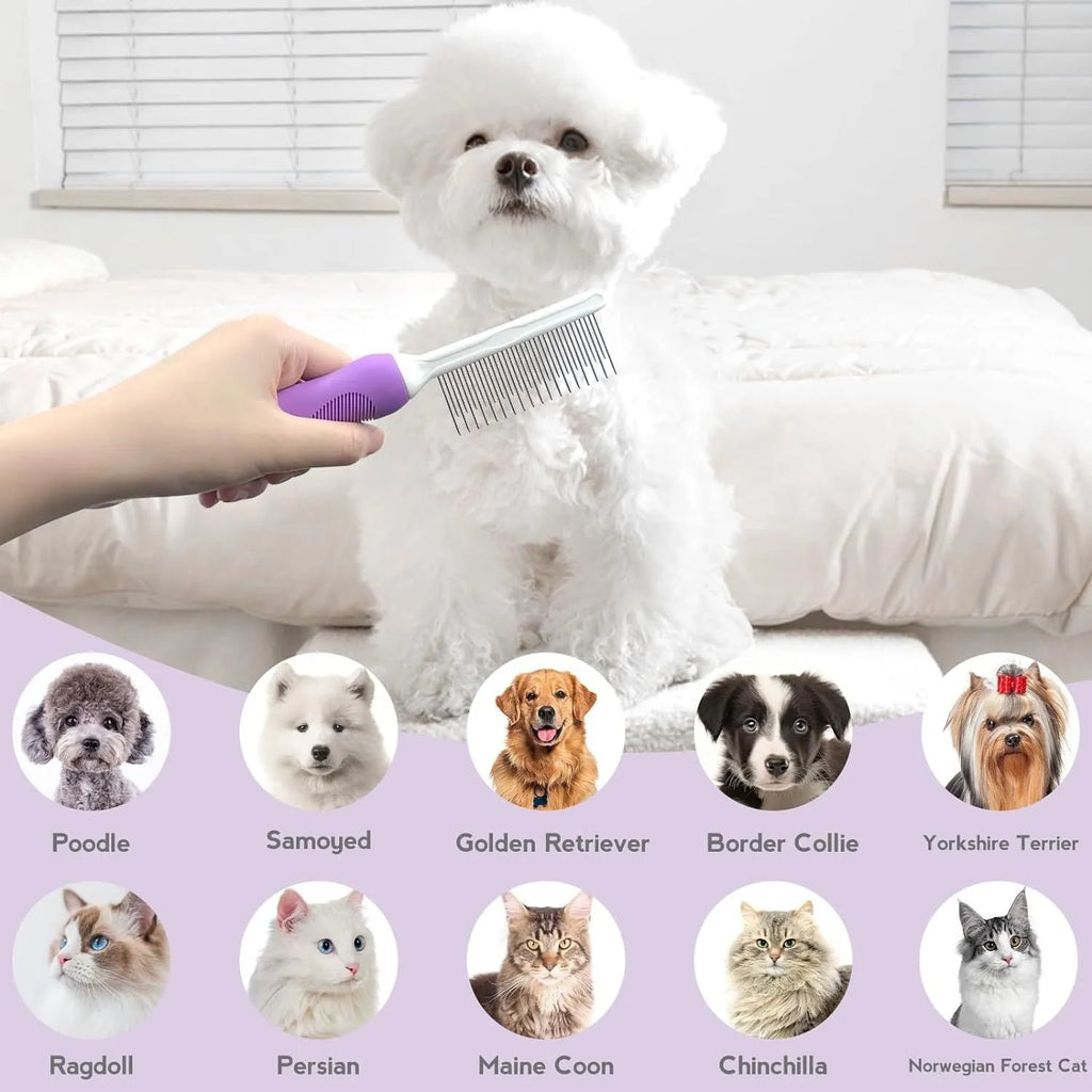 Purple pet detangling comb with stainless steel long and short teeth on a white background