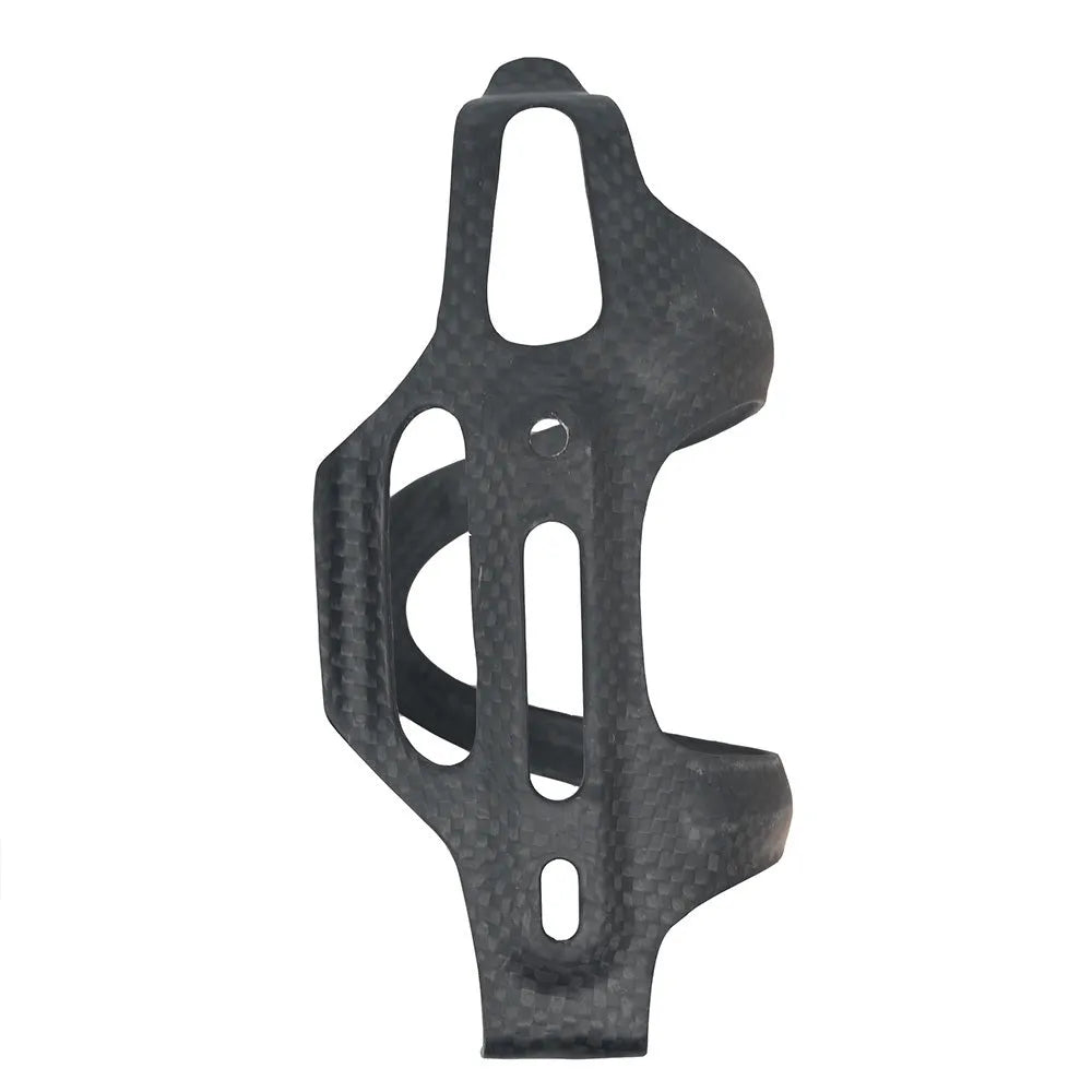 Black carbon fibre bicycle water bottle mount showing side-pull design and screw holes