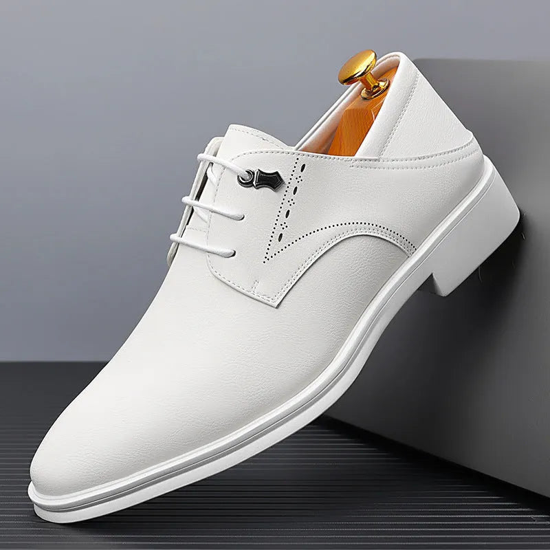 Men's pointed toe dress shoes in black or white with cow split leather upper, rubber sole, and low 1-3cm heel, sizes 38-44