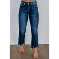 Women's solid colour denim jeans with hand-worn distressing in light blue wash, straight leg fit