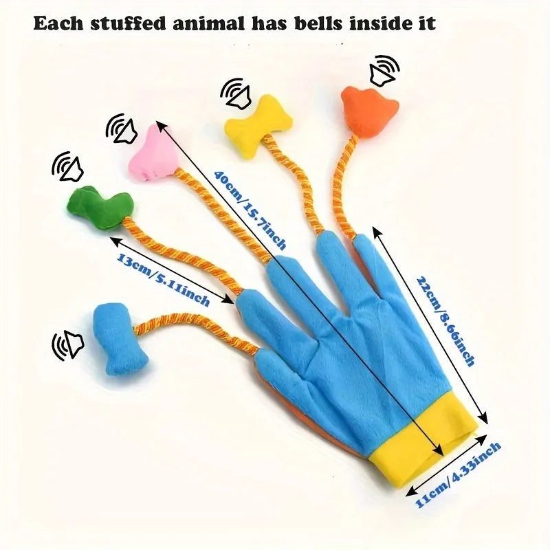 Yellow and blue plush cat toy with jingle bell and 40cm nylon cord trailer