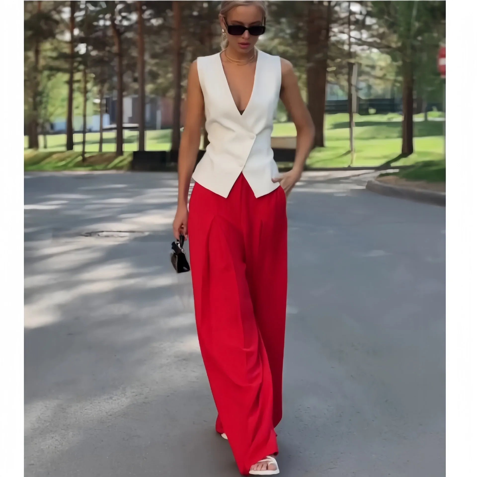 Women's beige deep V-neck sleeveless top and wide leg trousers two-piece set