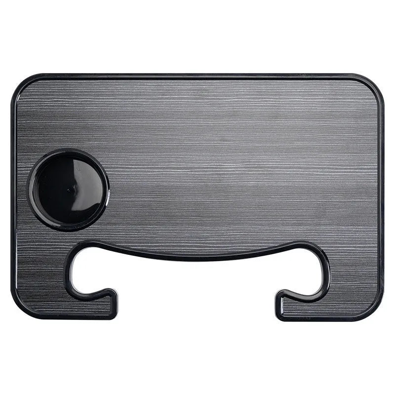 Car steering wheel laptop stand with foldable cup holder in matte black finish
