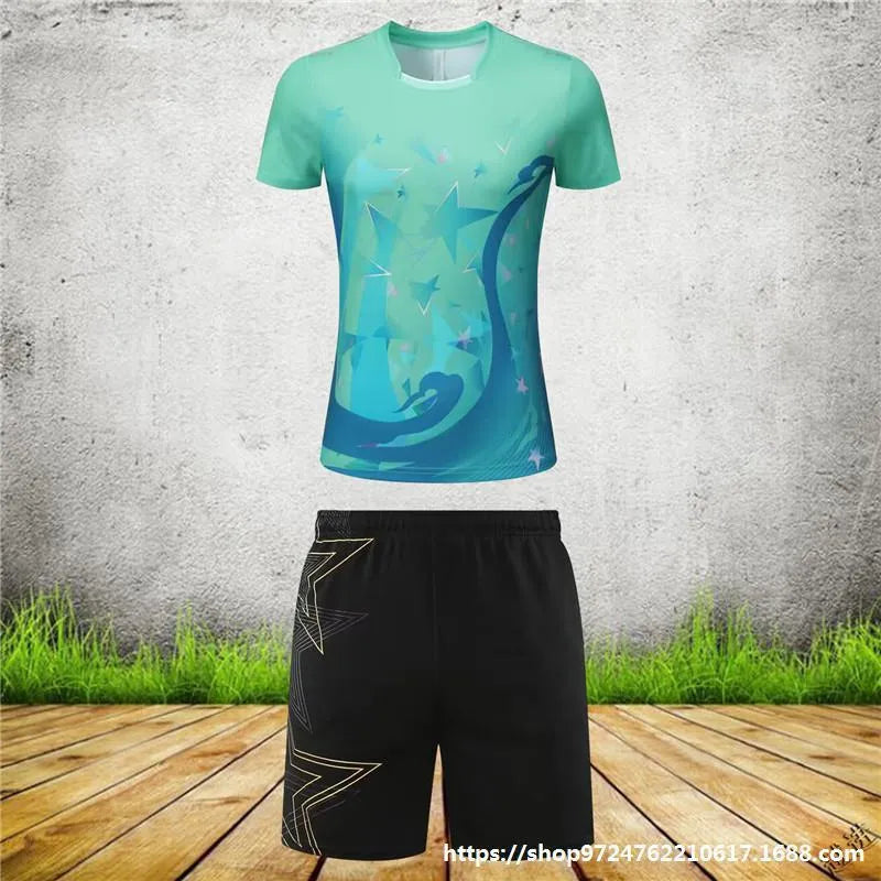 Unisex blue and black polyester badminton sportswear set with short sleeves and full-length trousers