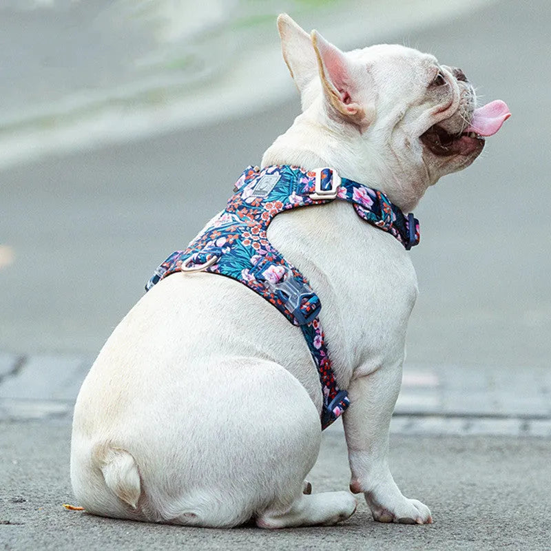 Pure cotton pet chest strap in floral red pattern with anti-pull design for small dogs