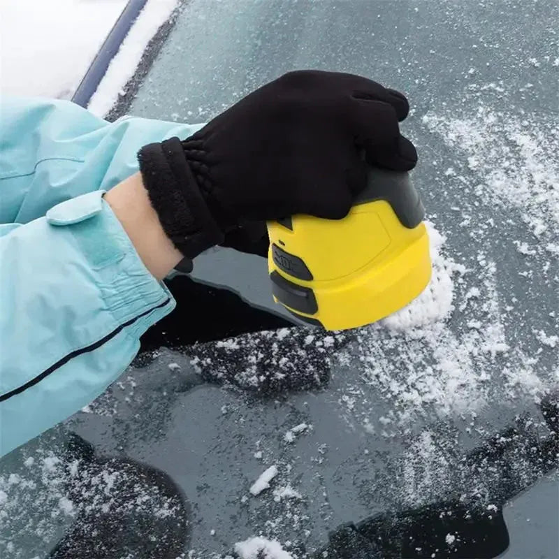 Yellow cordless electric snow scraper for car window deicing with USB charging cable