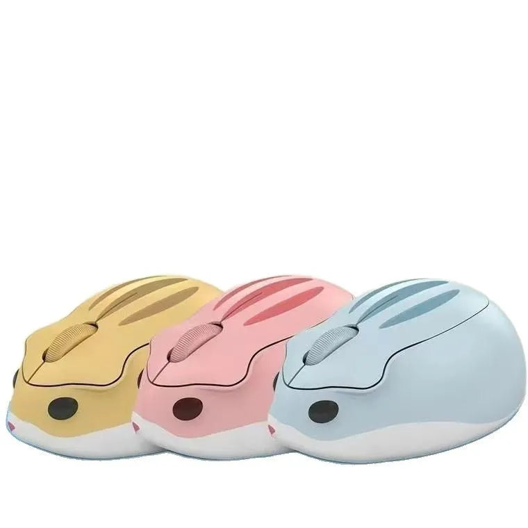 Hamster 109E Bluetooth wireless mute mouse in yellow, pink, and grey colours, showing compact size.