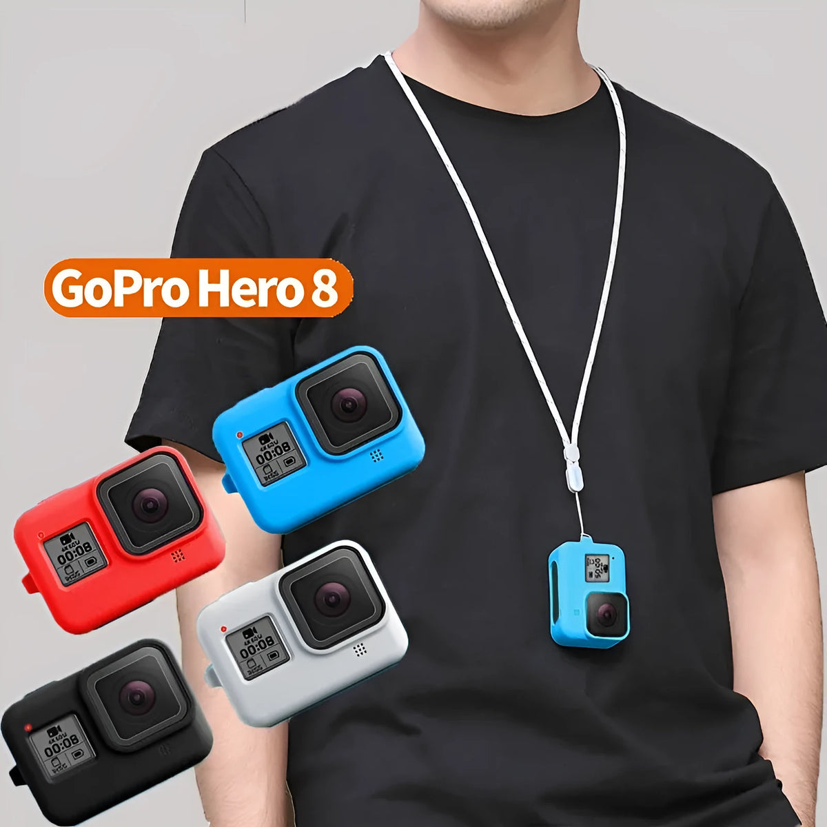 Blue silicone protective sleeve and black wrist strap for GoPro Hero 8 Black camera.