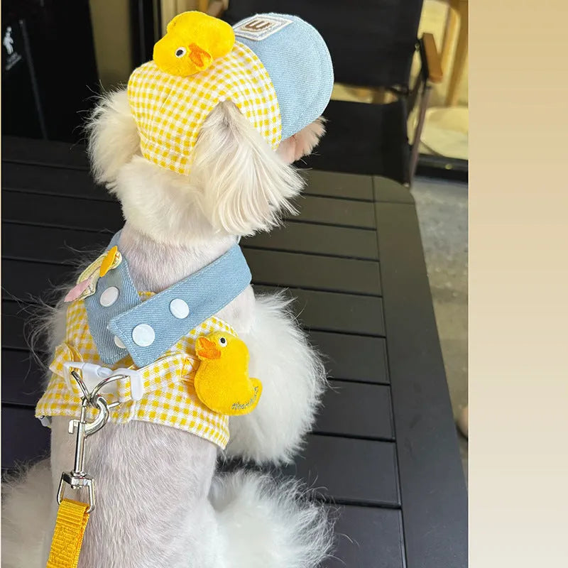 Pet harness and leash set with wire rope pulling rope and matching cat clothes accessories in four size options
