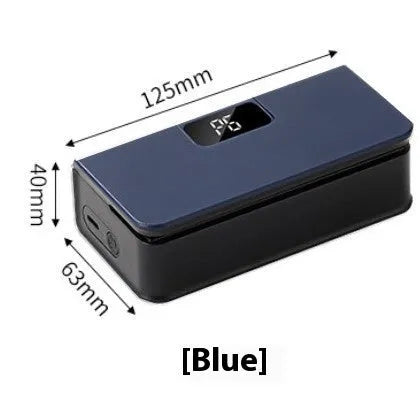 Portable mini sealing machine in blue and white colours measuring 4x3.5x14.4cm