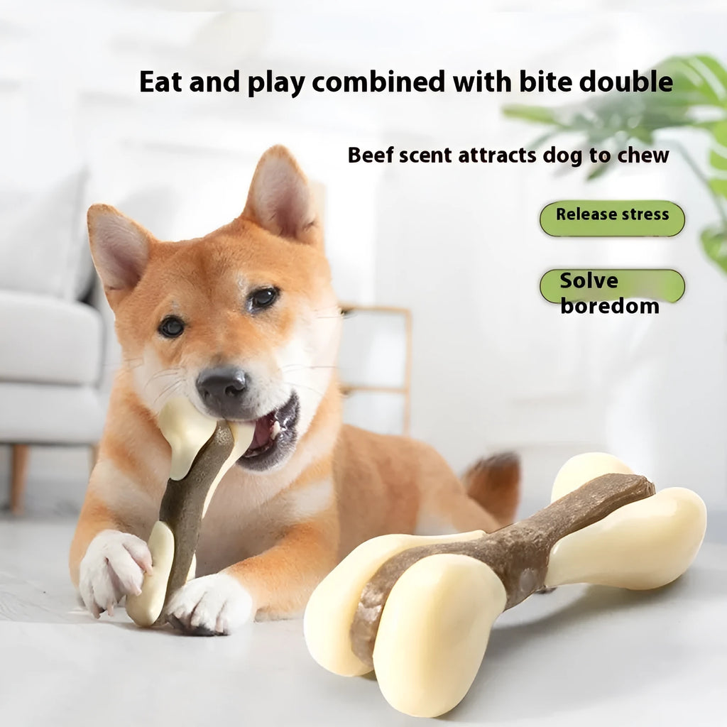 Cowhide and nylon bone grinding rod dog chew toy in small and large size options