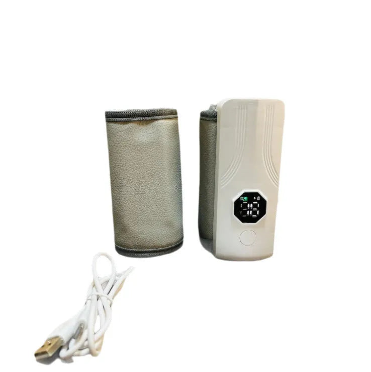 Gray and white electric car milk warmer with PU leather finish and constant temperature heating for baby bottles.