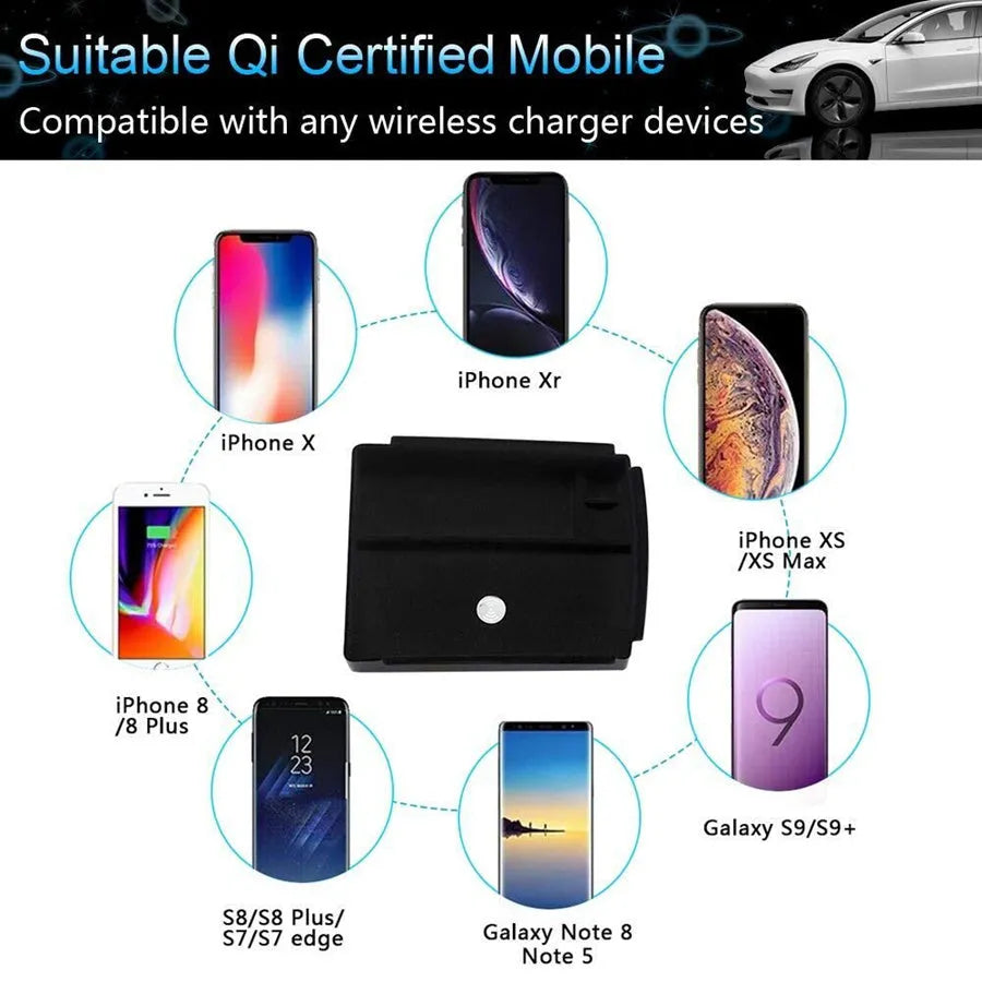 Black ABS plastic wireless charging storage box with QI fast charging support on a desk.
