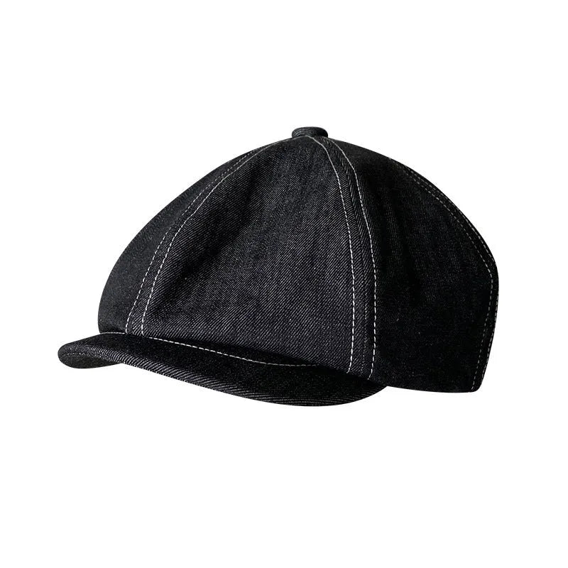 Black cotton retro beret with octagonal silhouette shown on model, unisex adult design