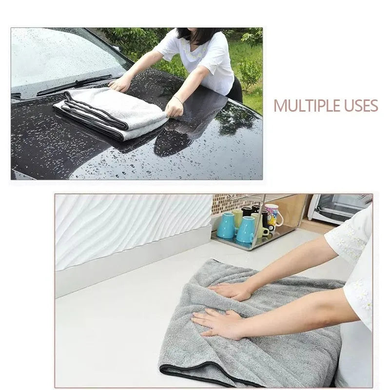 Three microfiber car wash towels showing size variations: 75x35cm, 60x40cm, and 100x40cm options