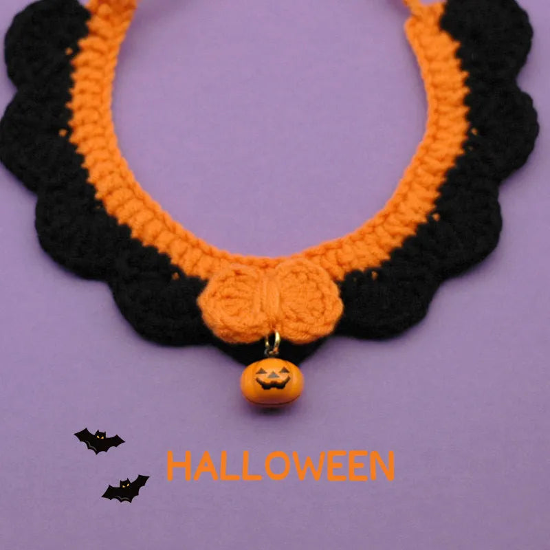 Hand-crocheted wool pet collar with pumpkin design in adjustable sizes for Halloween costumes