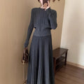 Dark grey knitted long dress suit set with sweater, skirt, and 3D ethnic pattern.