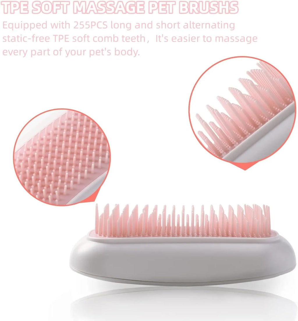 Pink handheld electric pet massage brush with soft teeth on a white background