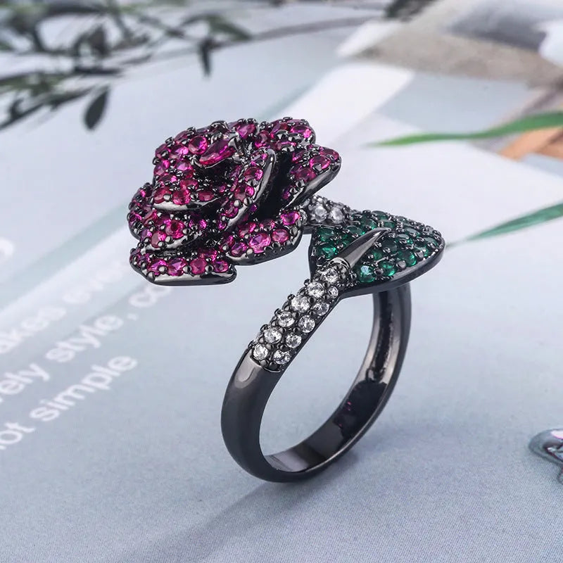 Black gold geometric ring with red corundum simulation stone on copper base with gold plating