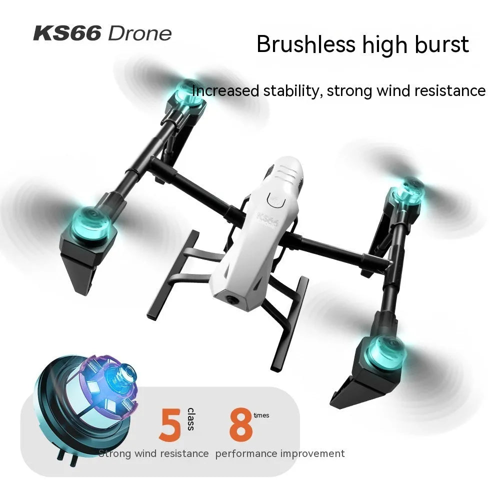 KS66 alloy UAV drone with remote controller, shown in optional white or black with camera, spare propellers, and storage bag.