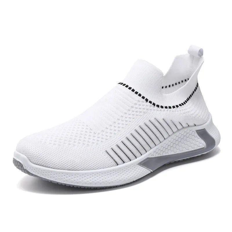 Men's flyknit mesh sneakers with striped design and plastic sole in black and white