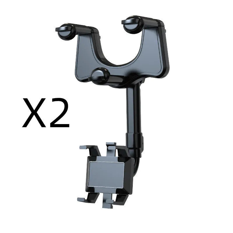 Black rearview mirror phone holder with telescopic arm and four-claw phone grip mounted on a car mirror
