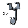 Black rearview mirror phone holder with telescopic arm and four-claw phone grip mounted on a car mirror
