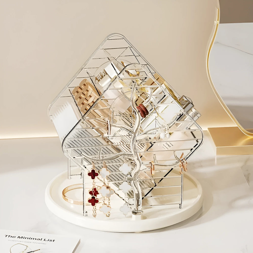 Rotating cosmetics storage box with clear plastic construction and 360-degree rotation feature