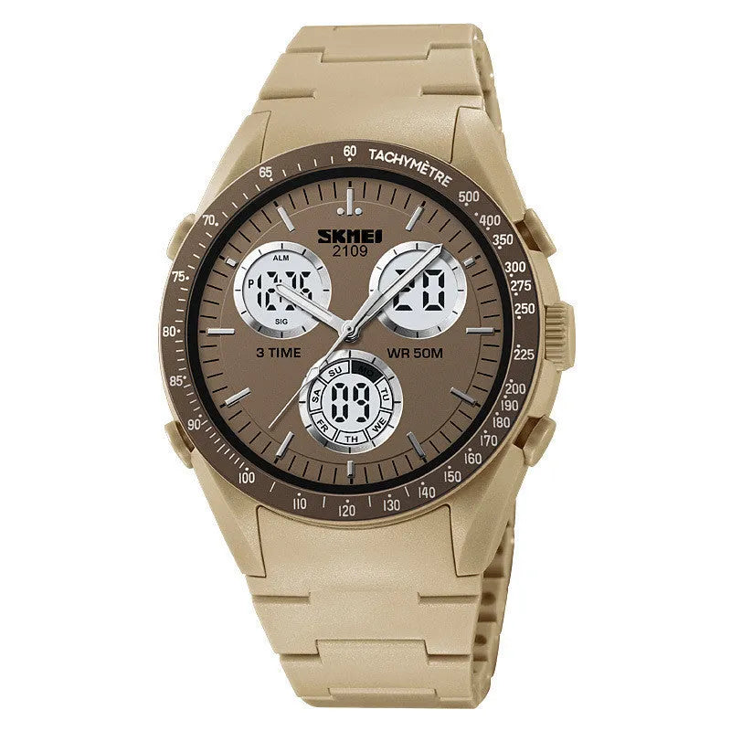 Electronic casual watch with a 50m waterproof rating shown in various colours including camouflage, on a flexible TPU strap.